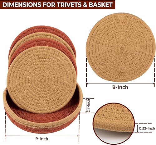 Miniatura 6 de Salvamanteles para platos calientes, cuerda 100% algodón, salvamanteles de 8 pulgadas para ollas y sartenes calientes, juego de 5 piezas con cesta