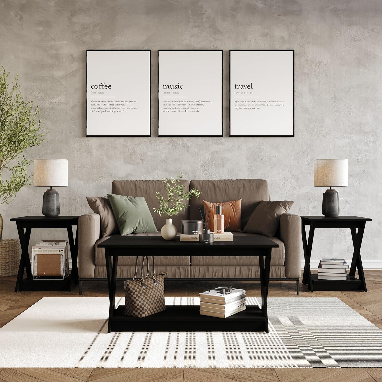 HOME DESIGN Emporia 3 Piece Coffee Table Set for Living Room, Transitional Style, Wide Plank Tops, X-Support Side Panels, Open Shelf Storage, Easy Assembly, Black Finish