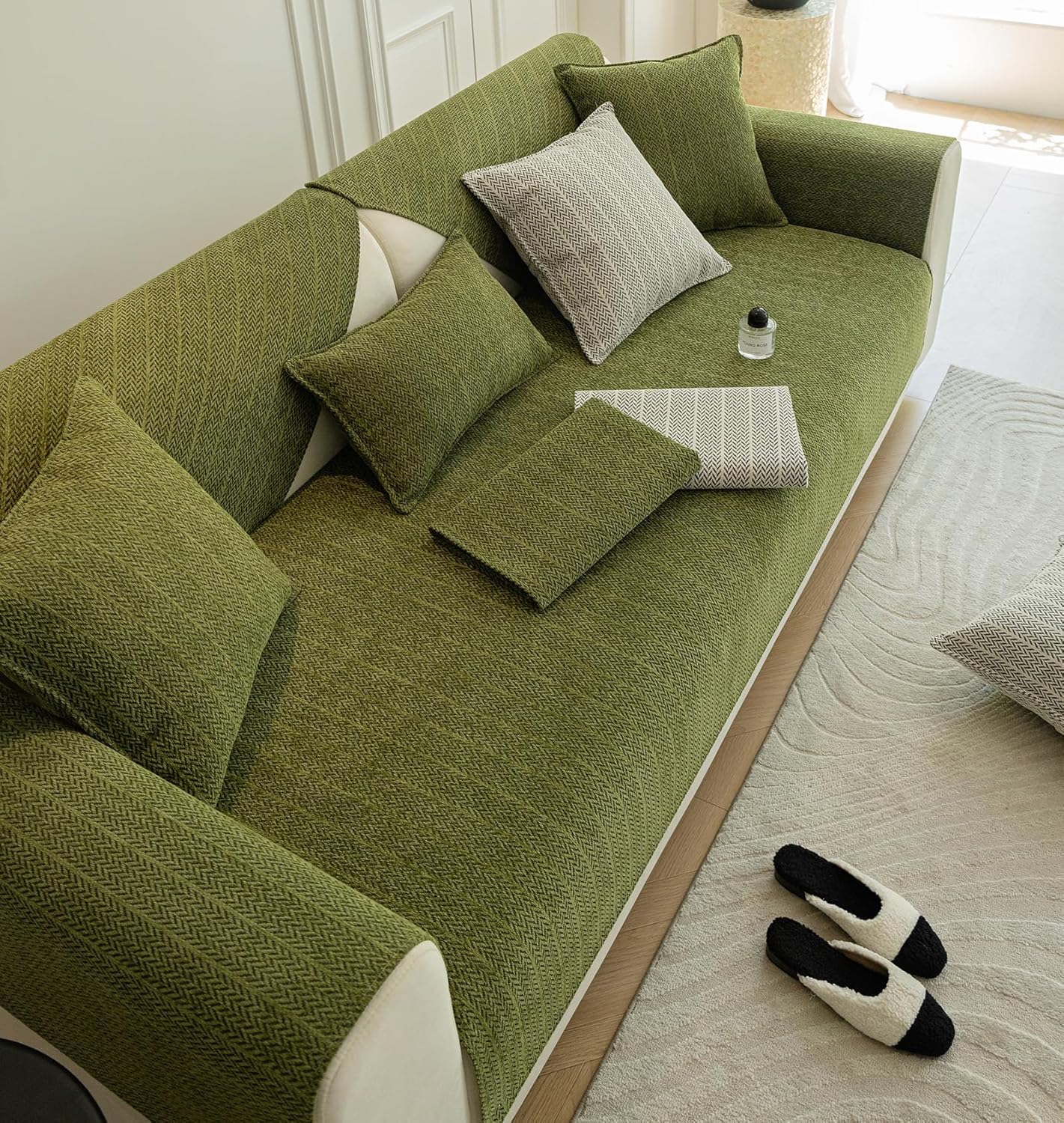 Herringbone Chevron Jacquard Sofa Cover Super Soft Chenille Striped Sectional Couch Cover Farmhouse Zig Zag Anti-Slip Sofa Slipcover Washable Furniture Protector (Green,36''x47'')