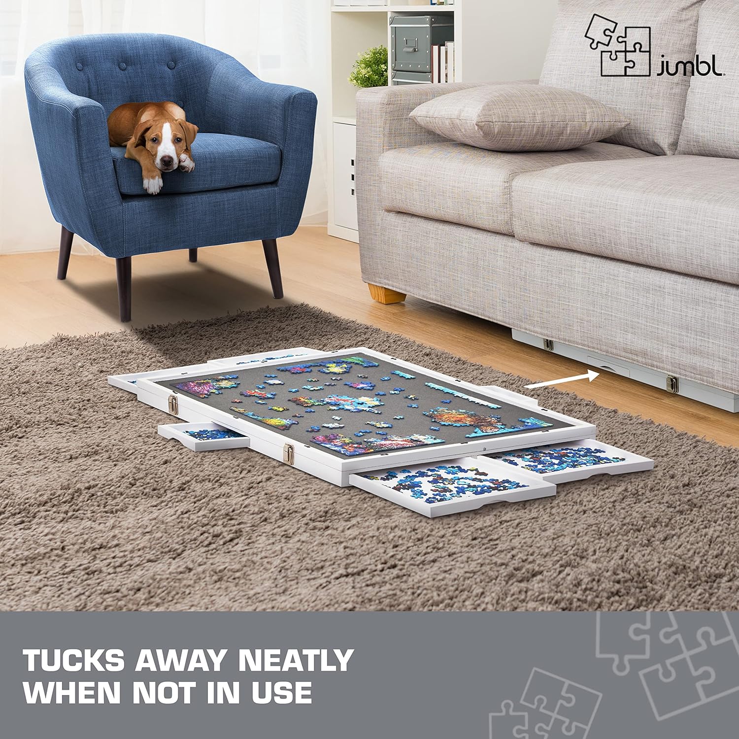 Jumbl Premium 1000-Piece Tilting Puzzle Board w/Felt Surface, 6 Removable Sorting Drawers Surface, Interlocking Cover | 23” x 31” Wooden Jigsaw Puzzle Table | Reinforced Hardwood Construction