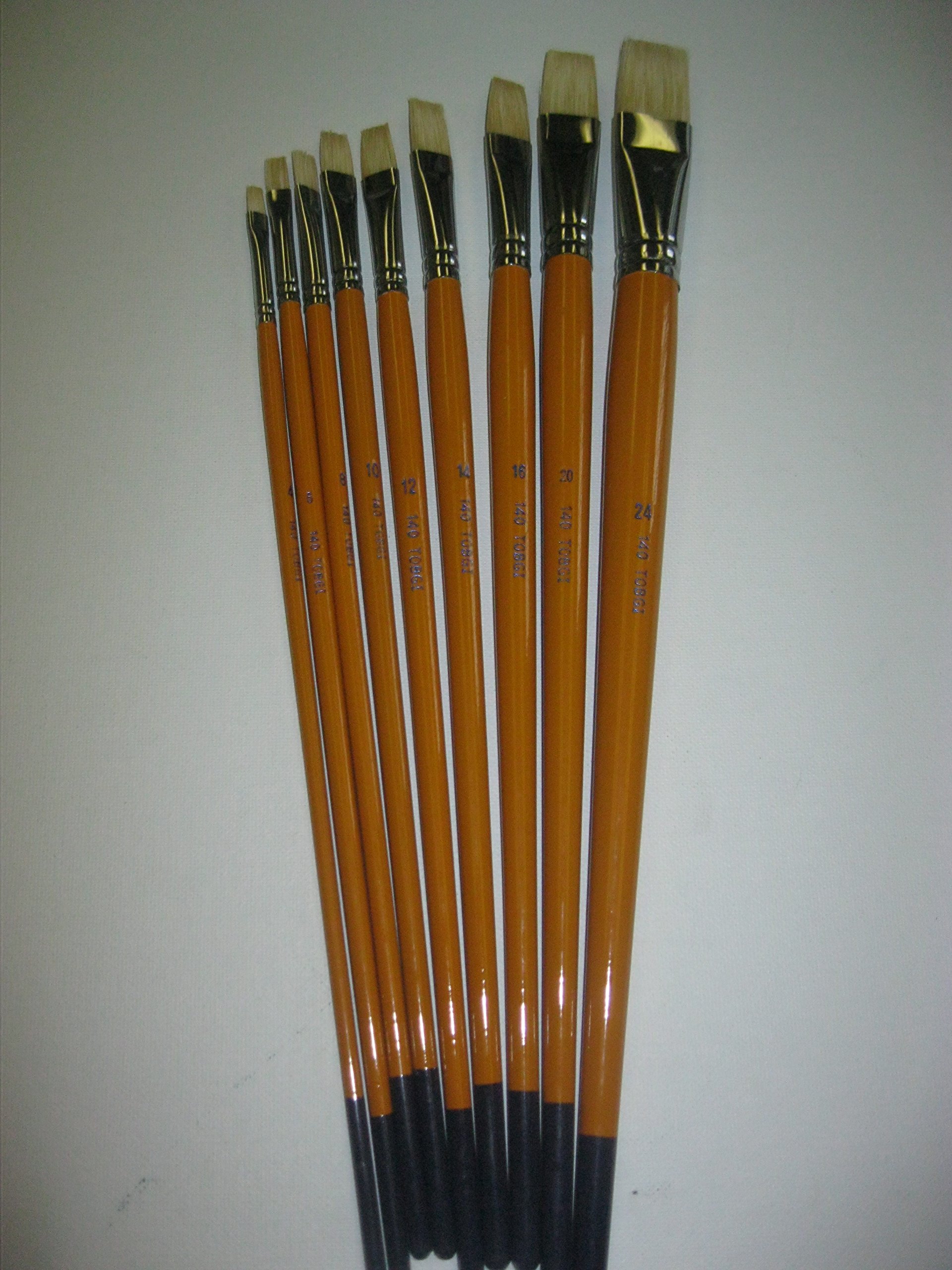 Set of 9pcs Tobgi Artist Quality Brushes Bright White Bristle Hair Oil-Acrylic