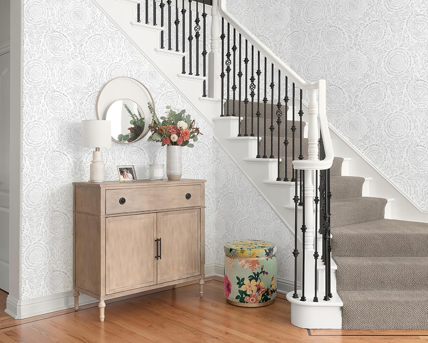Heroad Peel and Stick Wallpaper Modern Floral Wall Paper Boho Grey Contact Paper Removable Self Adhesive Waterproof Wallpaper for Bedroom Bathroom Walls and Kitchen Cabinet Vinyl 17.3”x393”