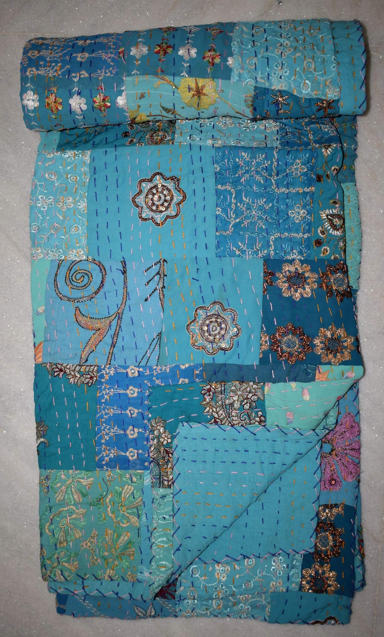 Tribal Asian Textiles Indian Patola Silk Patch Work Kantha Quilt Kantha Blanket Bedspread Twin Quilt (Blue Patchwork) (Turquoise)