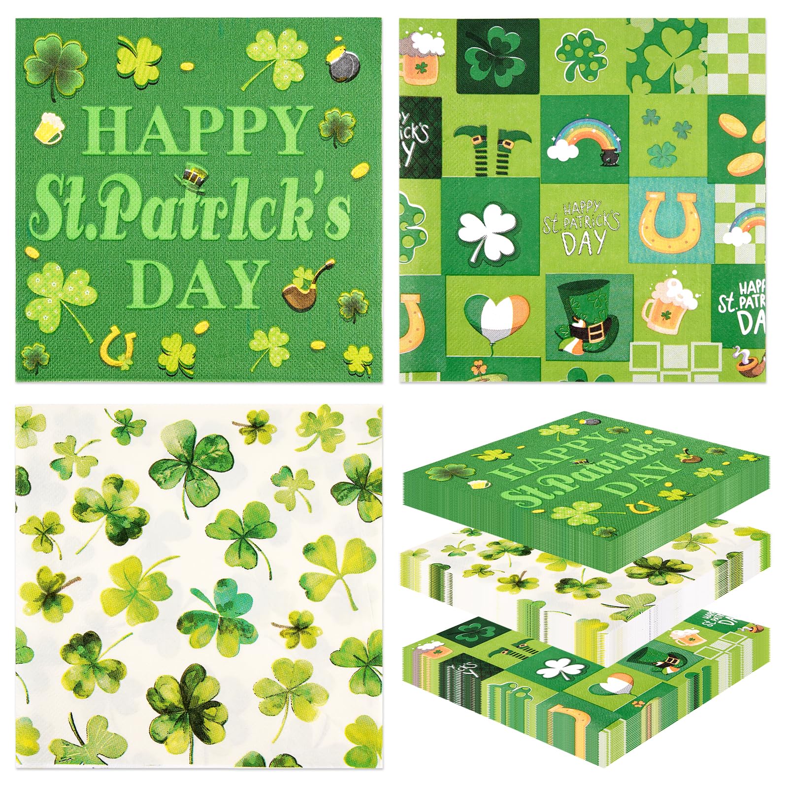 60 Pack St. Patricks Day Napkins, Green Clover Disposable Party Paper St. Patricks Day Tableware Napkins for Cocktail Party Supplies Table Decorations Napkin