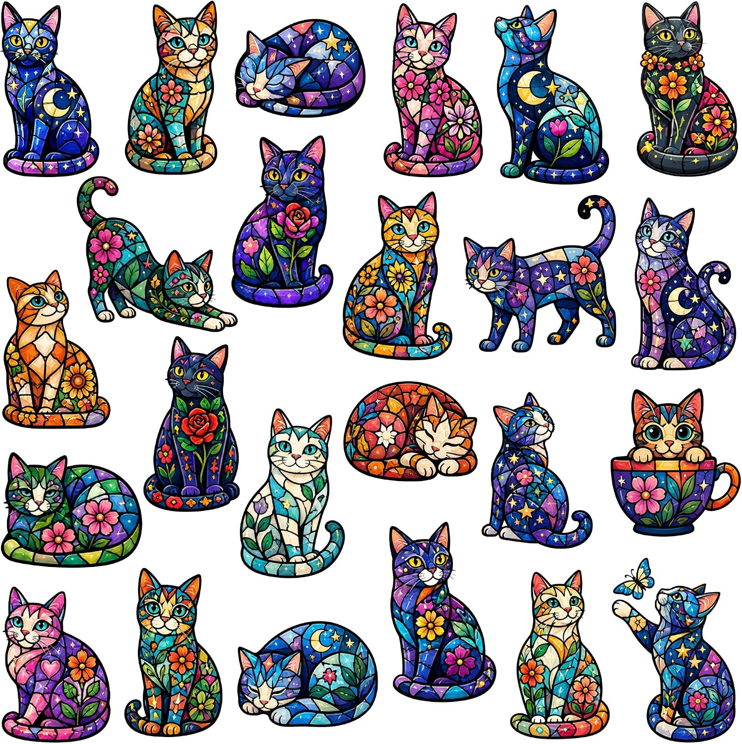 McEtt Stained Glass Cat Sticker Sheets – 5 Pack (120 Artistic Cat Stickers)