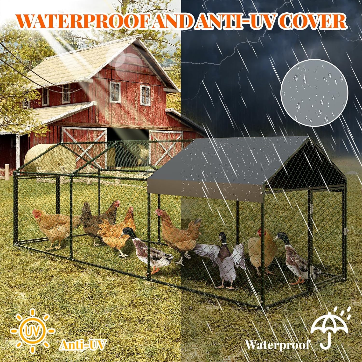 Large Metal Chicken Coop with Cover,120"×40"×40" Portable Poultry Cage Walk in Hen House with 3 Doors,Heavy Duty Chicken Run Hen House for Backyard Farm