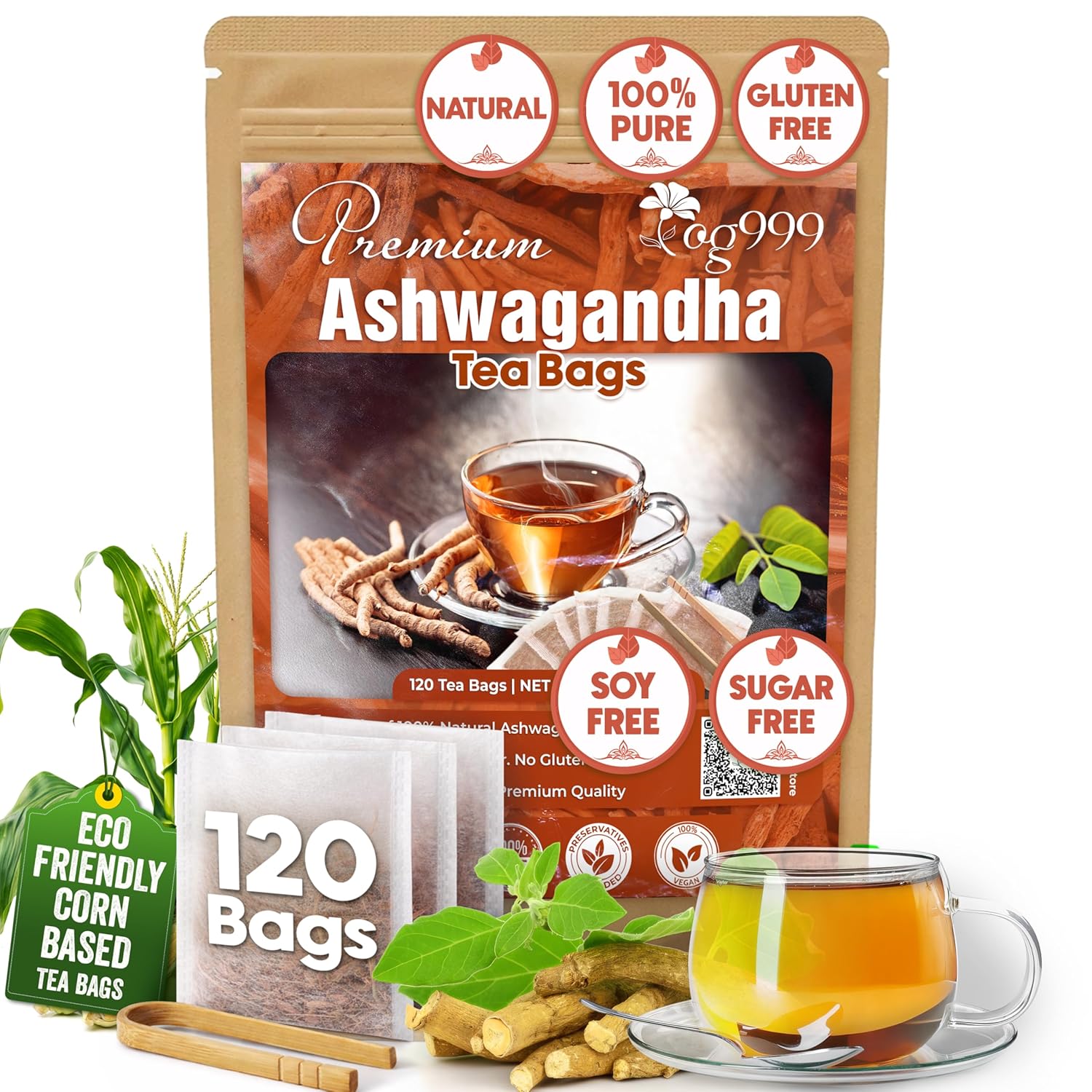 TOG999, Premium 120 Ashwagandha Root Tea Bags, 100% Natural & Pure, Ashwagandha Root Herbal Tea. No Sugar, No Caffeine, No Gluten, Vegan.