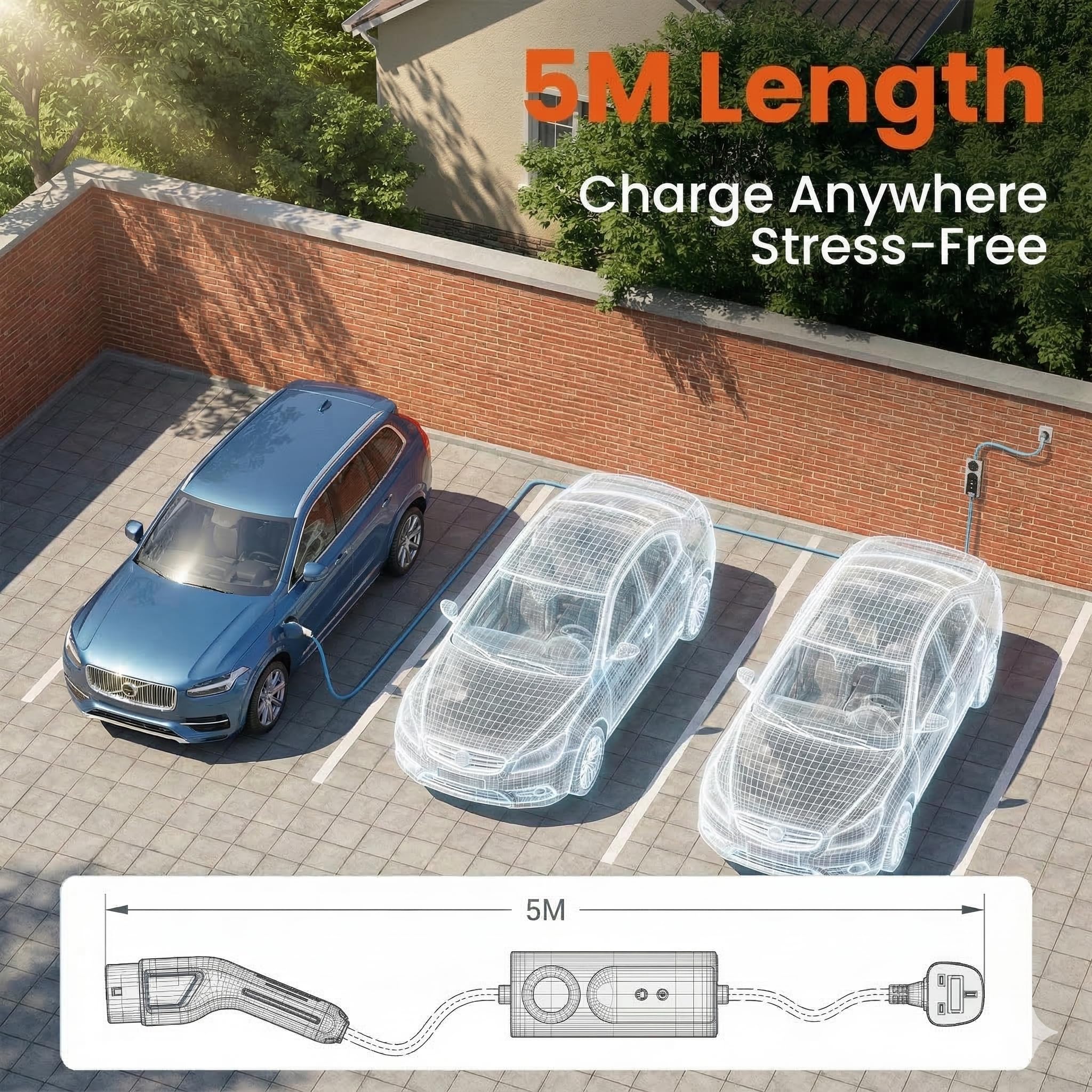 Portable EV Charger Type 2 to UK 3-Pin Plug, 3kW 13A Electric Vehicle Charging, Adjustable Current with Smart LCD Display & Delay Start, IP67 Waterproof, Compatible with Most car (5M) — view 7