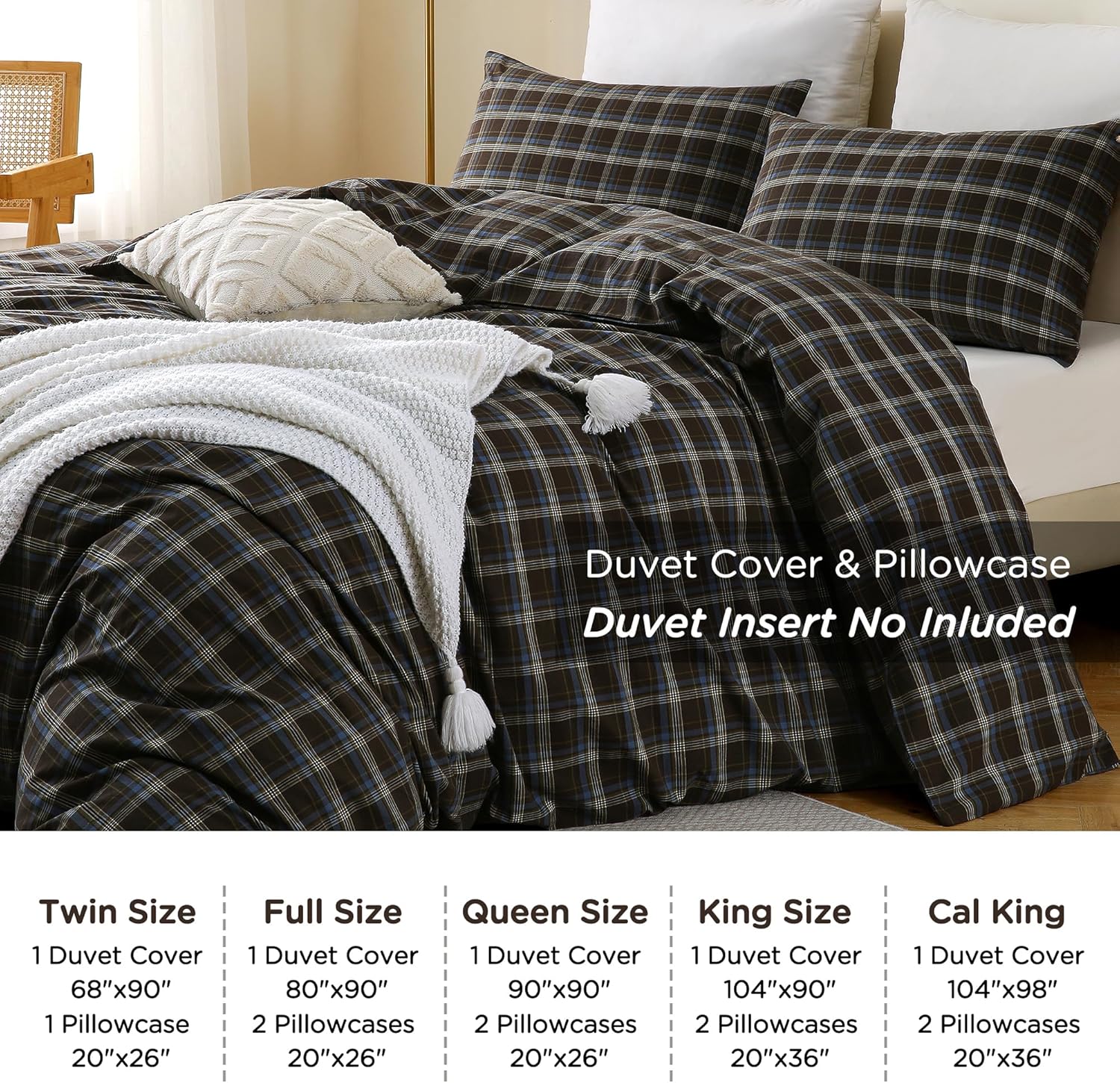 TOCOMOA Buffalo Plaid Duvet Cover Set 100% Washed Cotton Like Linen Feel Super Soft Comfy 3 Piece Brown Blue Gingham Checkered Bedding Comforter Cover Set (Queen 90"x90", Comforter Not Included) - Image 8