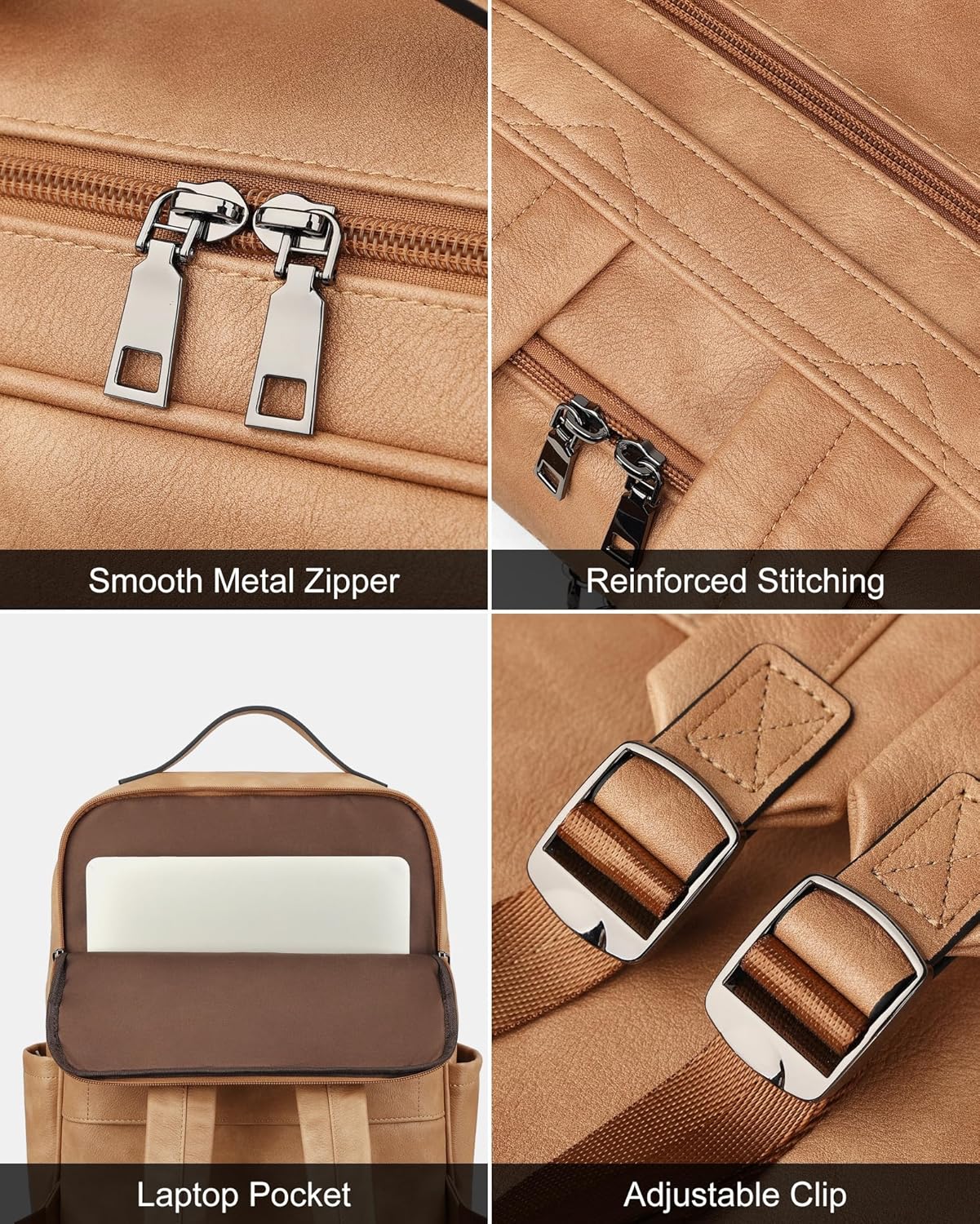 MASINTOR 15.6 inch PU Leather Laptop Backpack Purse for Women, Large College Casual Backpack Travel Bag Retro Camel - Image 6