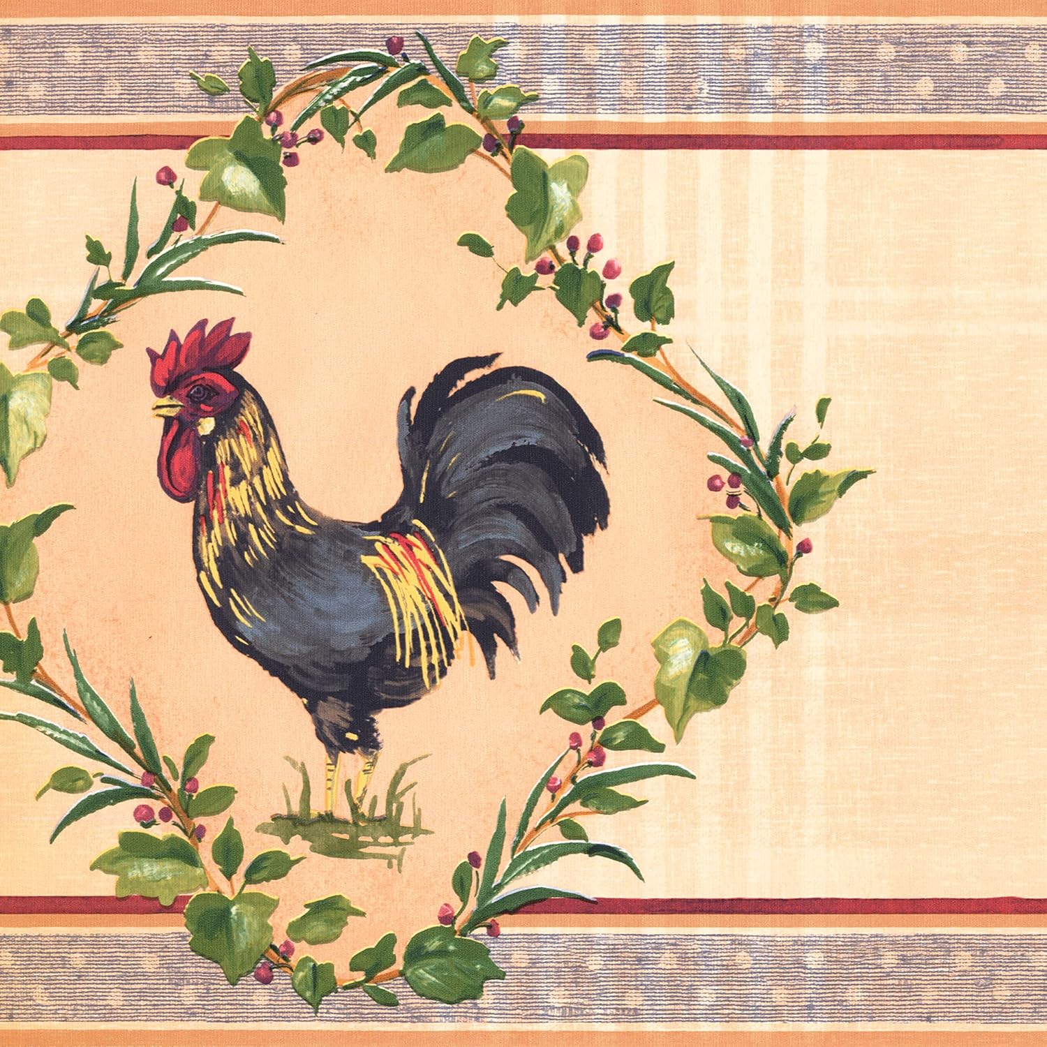 CONCORD WALLCOVERINGS ™ Wallpaper Border Vintage Pattern Roosters Leaves for Kitchen Dining Area Cottage Farmhouse, Beige Blue Green, 15 ft by 10 in KH5919B