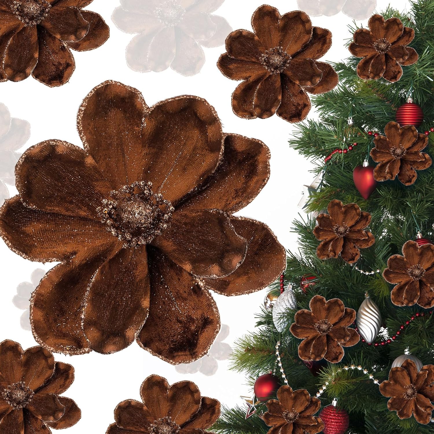 20 Pcs Christmas Velvet Poinsettia Flowers Ornaments 6.3Inch Glitter Artificial Magnolia Flower Christmas Tree Ornament with Stem for Xmas Tree Decorations Wedding Decor Supplies (Brown)