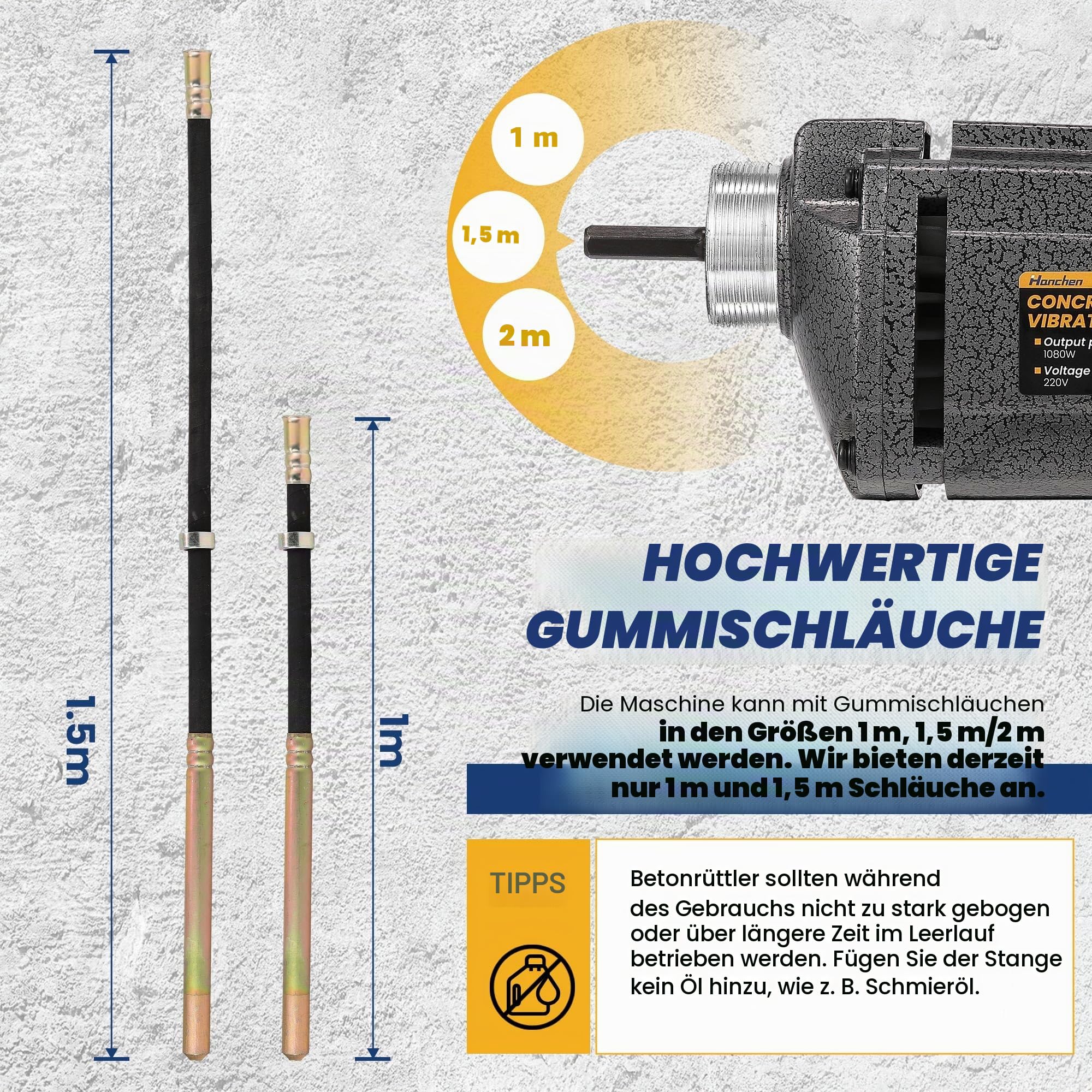 Hanchen Betonvibrator 1080W Betonrüttler elektrischer gewerblicher Flaschenrüttler für den Bau Beton Verdichten (mit 1,5m Schlauch)