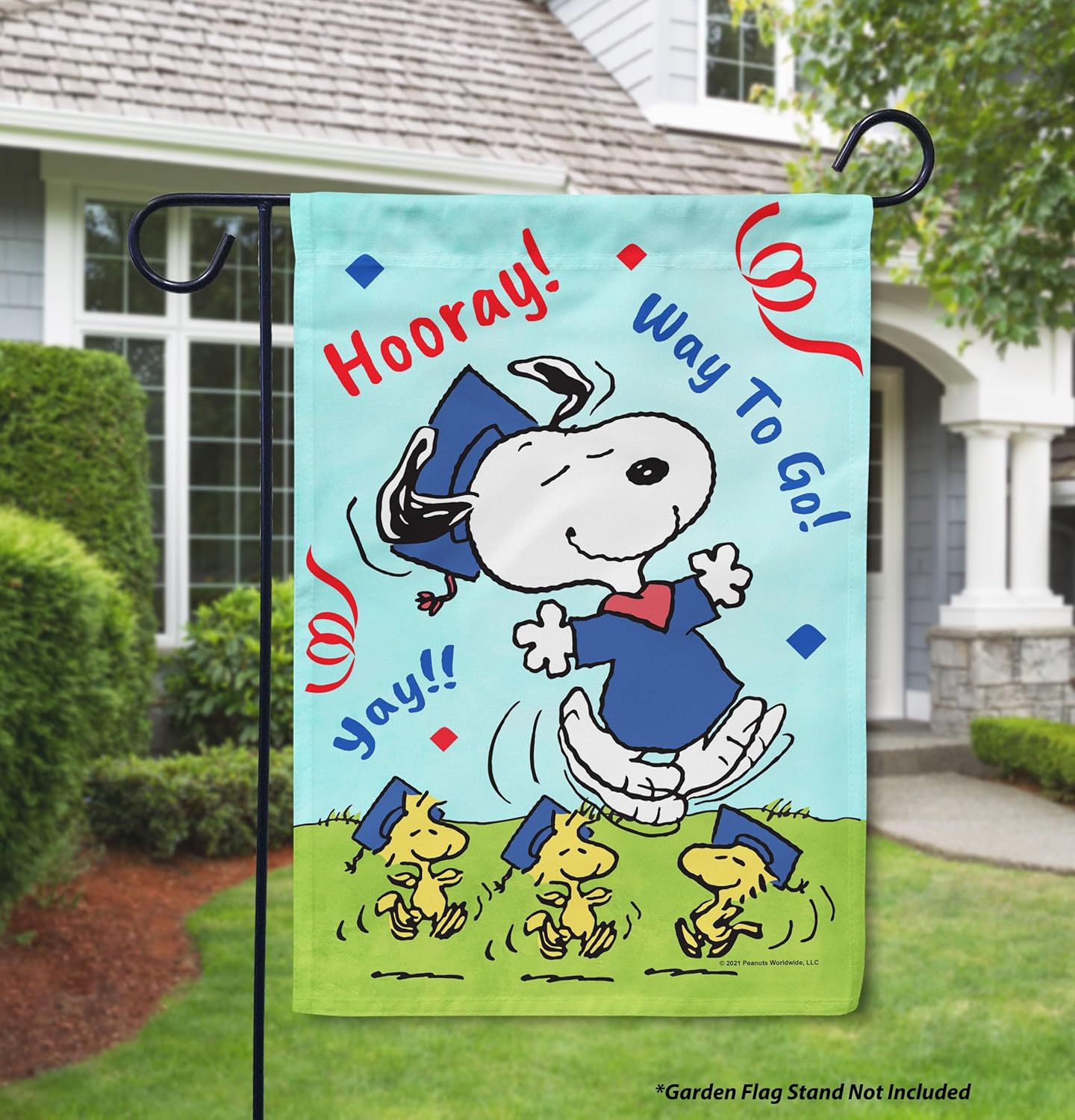 Flagology, PEANUTS Snoopy Happy Graduates – Garden Flag 12" x 18", Officially Licensed Peanuts, Outdoor Graduation Decoration Graduating Class Grad Party Décor