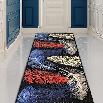 CreativeDeco Custom Made Runner Rug Low Pile with Rubber Backing for Kitchen Foyer Hallway Entry Choose Your Length Size 26 Inch Wide Feathers Design Multicolor Navy 8 feet x 26 inch