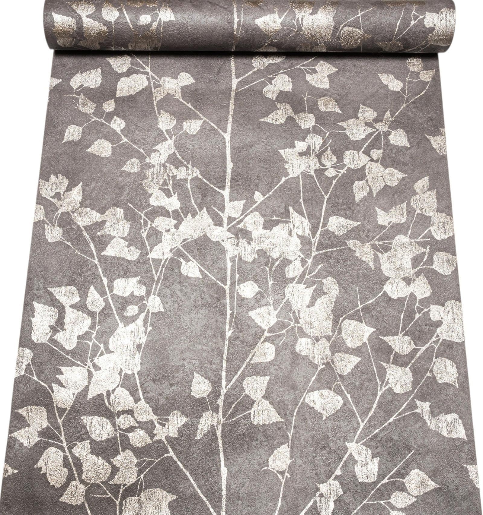 Sophie Laurence Grey Charcoal Floral Leaf Wallpaper – Metallic Shimmer, Textured Thick Vinyl Feature Wall Covering For Lounge & Bedroom (53 Cm × 10.05 M)