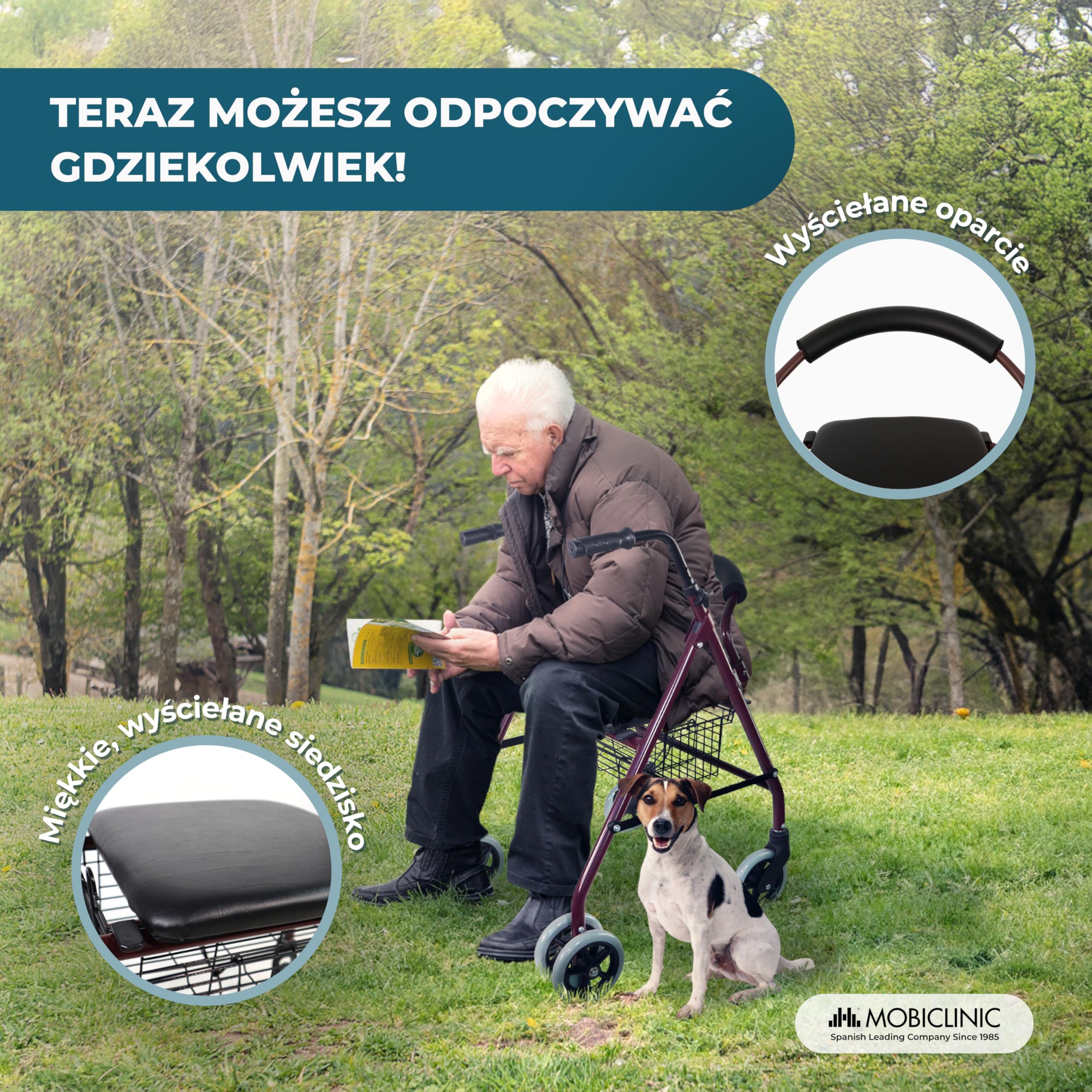 Mobiclinic, Model prado, Chodzik dla niepełnosprawnych, Osób starszych, Rollator, Aluminiowy, Lekki, Składany, Hamulce ciśnieniowe, Z siedziskiem, Koszem i 4 kółkami, Kolor bordeaux