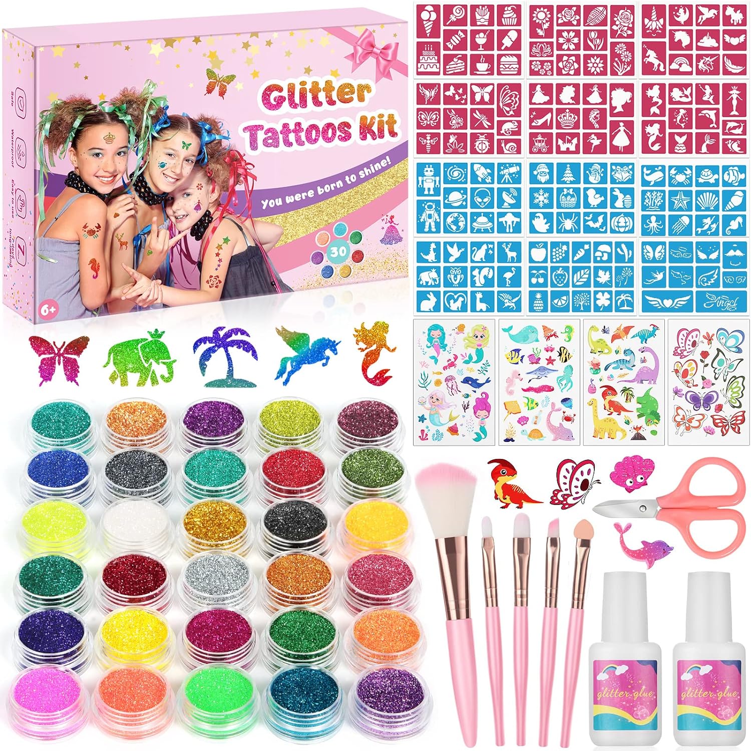 Glitter Tattoos Kit, Temporary Tattoos Set for Kids, 30 Colours Glitter