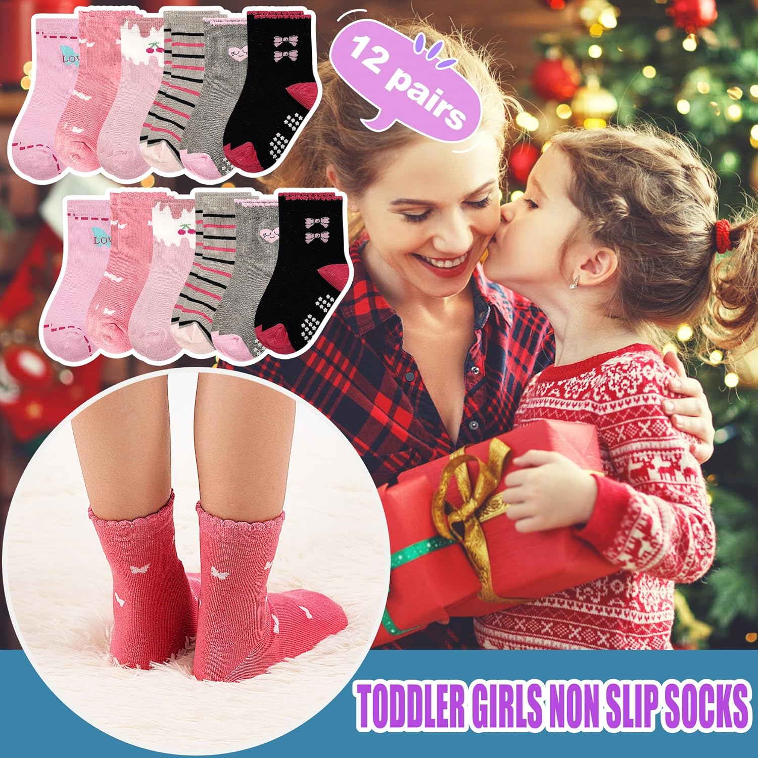 Non Slip Toddler Socks with Grips 12 Pairs Girls Anti Skid Crew Grippy Socks with Fun Patterns for Kids 1-7 Years - Image 5