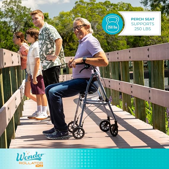 Stander Wonder Rollator Plus, Lightweight Folding Mobility Rolling-Walker, EZ Fold-N-Go-Rollator for Seniors and Adults, 6-inch Wheels, Locking Brakes and Padded Seat with Backrest, Black Walnut