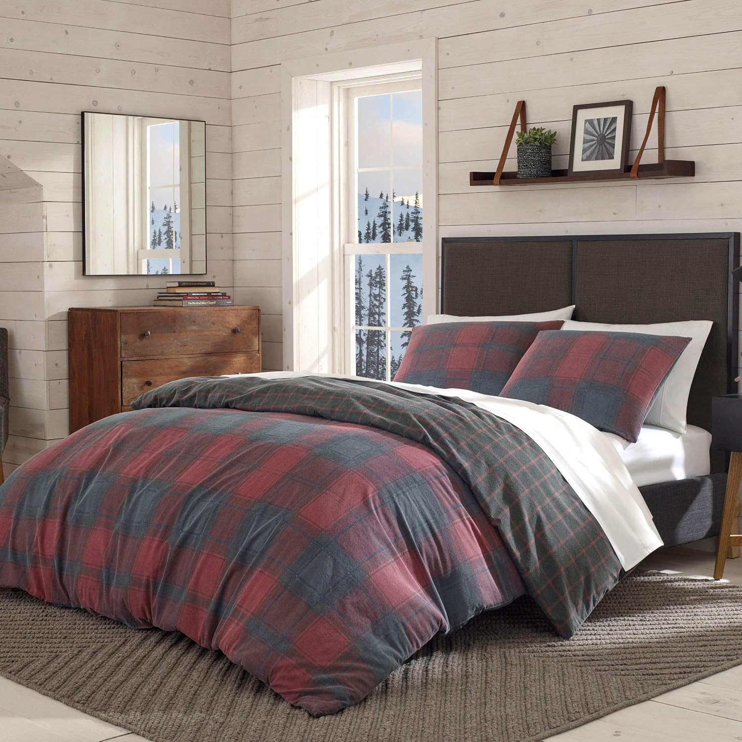 Eddie Bauer - King Duvet Cover Set, Cotton Reversible Bedding with Matching Shams, Plaid Home Decor with Button Closure (Cattle River Red, King)