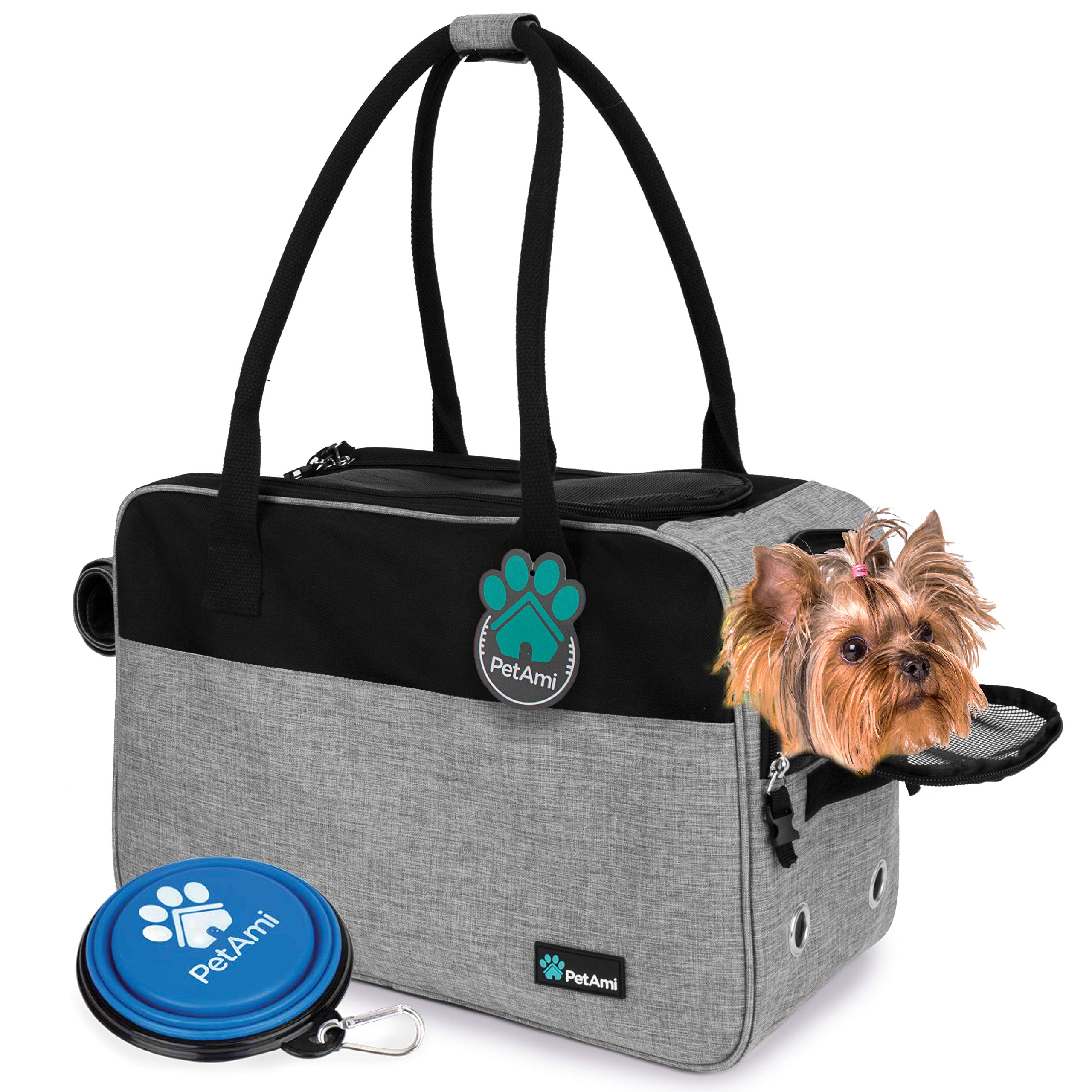 PetAmi Airline Approved Dog Purse Carrier | Soft-Sided Pet Carrier for Small Dog, Cat, Puppy, Kitten | Portable Stylish Pet Travel Handbag | Ventilated Breathable Mesh, Sherpa Bed (Heather Grey)