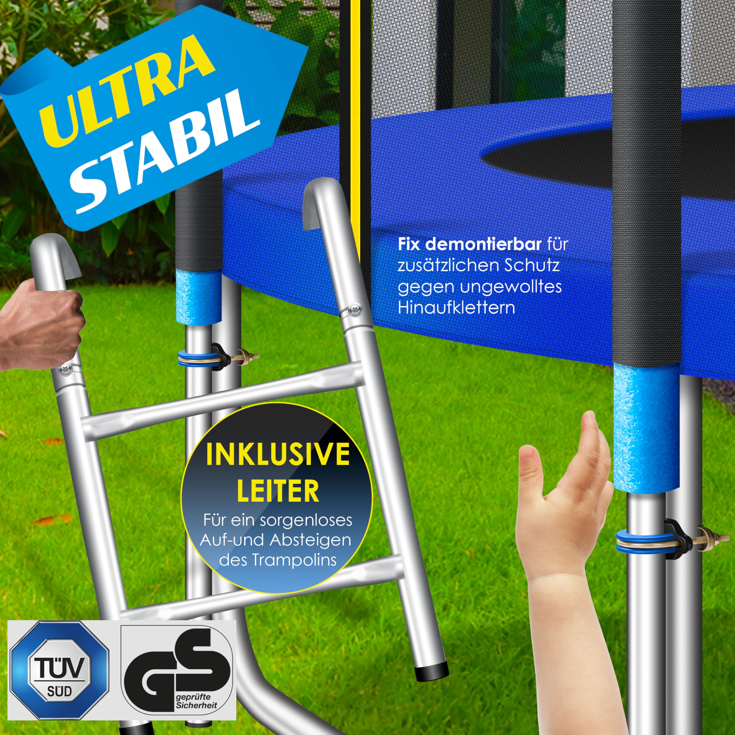 KESSER® Trampolin Outdoor Ø244/305/366/427cm Gartentrampolin Kinder Trampolin Komplettset + Sicherheitsnetz, Leiter & Familien Trampolin für Garten + Seitentasche & Montageset, belastbar bis 150kg