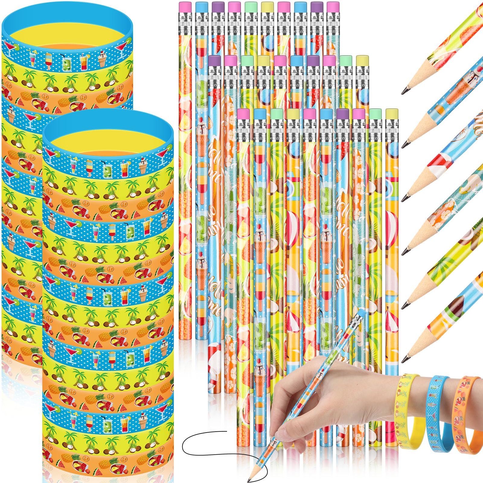 Ctosree 60 Pcs Summer Beach Pencils Silicone Bracelets Set Hawaiian Party Favors Cool Summer Novelty Fun Wooden Pencils with Eraser Rubber Wristbands
