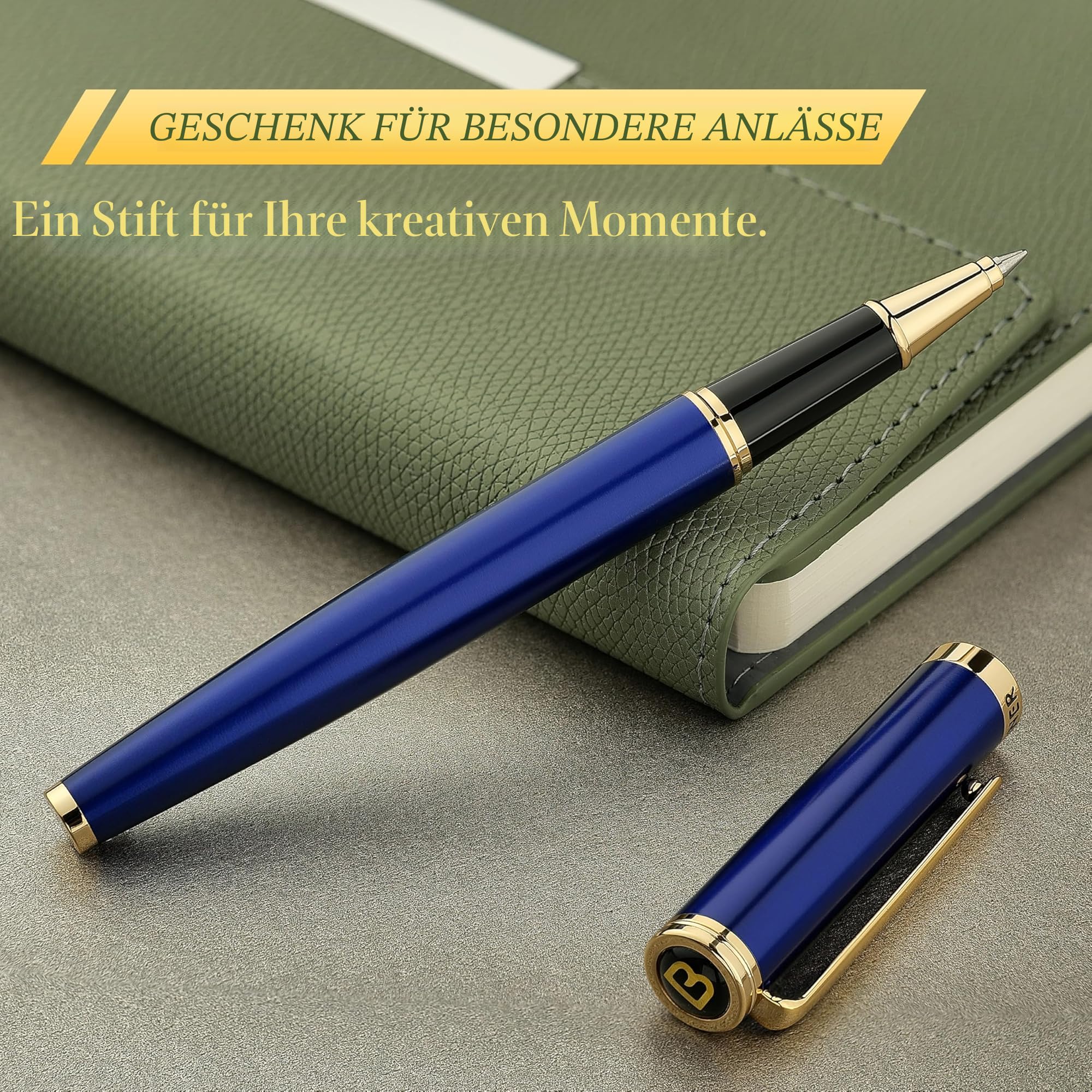 BEILUNER Hochwertiger Tintenroller mit Echtvergoldung - Professioneller Kugelschreiber mit schwarzer Schneider 850 Mine - Geschenkbox - Luxus Schreibgerät für Business & Geschenkanlässe(Blau)