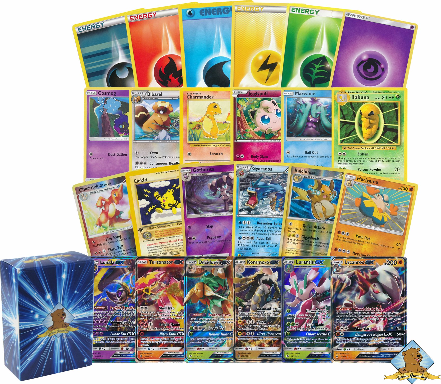 Golden Groundhog 200 Pokemon Card Lot - 100 Pokemon Cards - GX Rares Foils