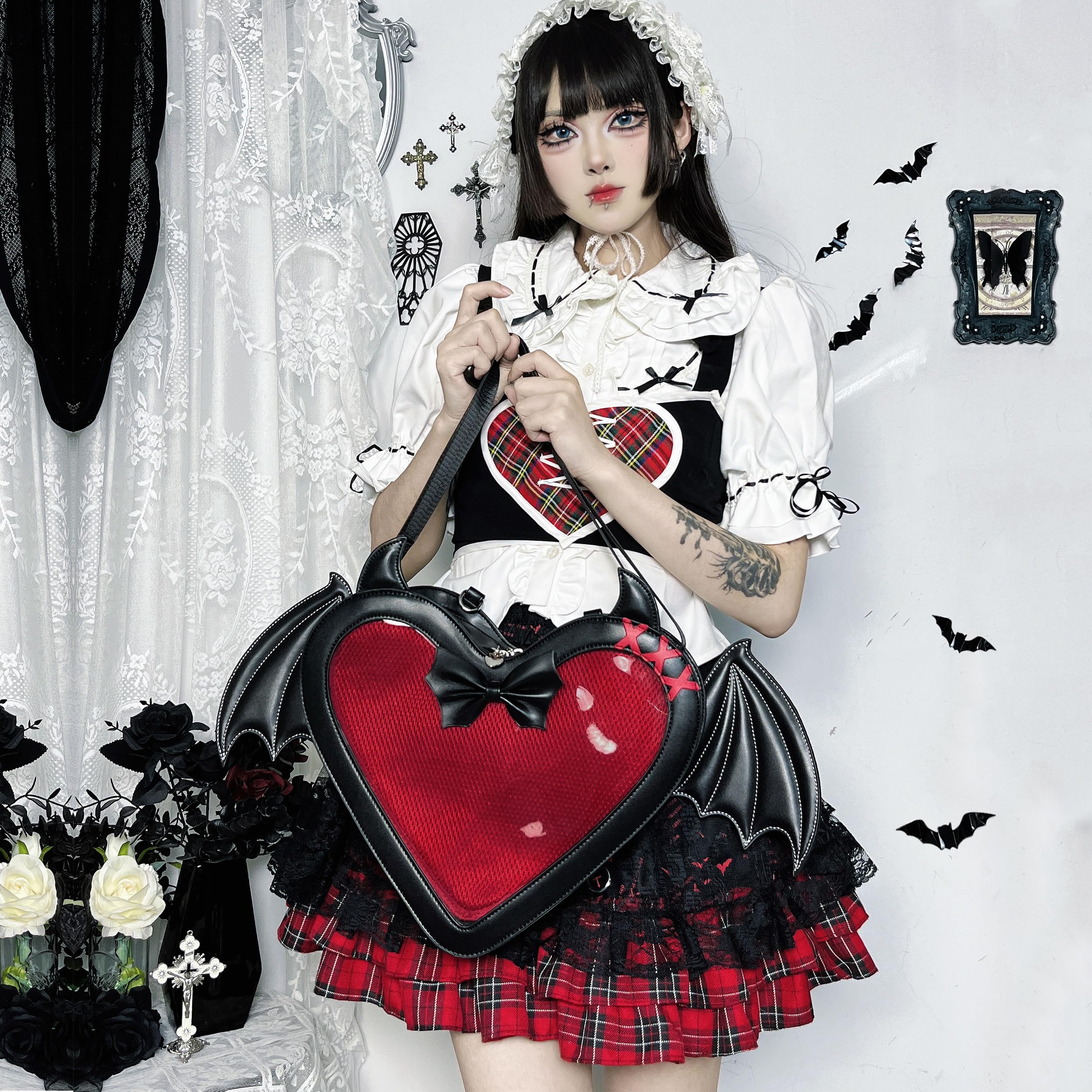 Gothic Dämonen-Herzförmiger Fledermausflügel-Rucksack für Frauen mit klarem Fensterdisplay, 3-Wege-Konvertible Neuheits-Schultertasche, Kawaii Goth-Accessoire