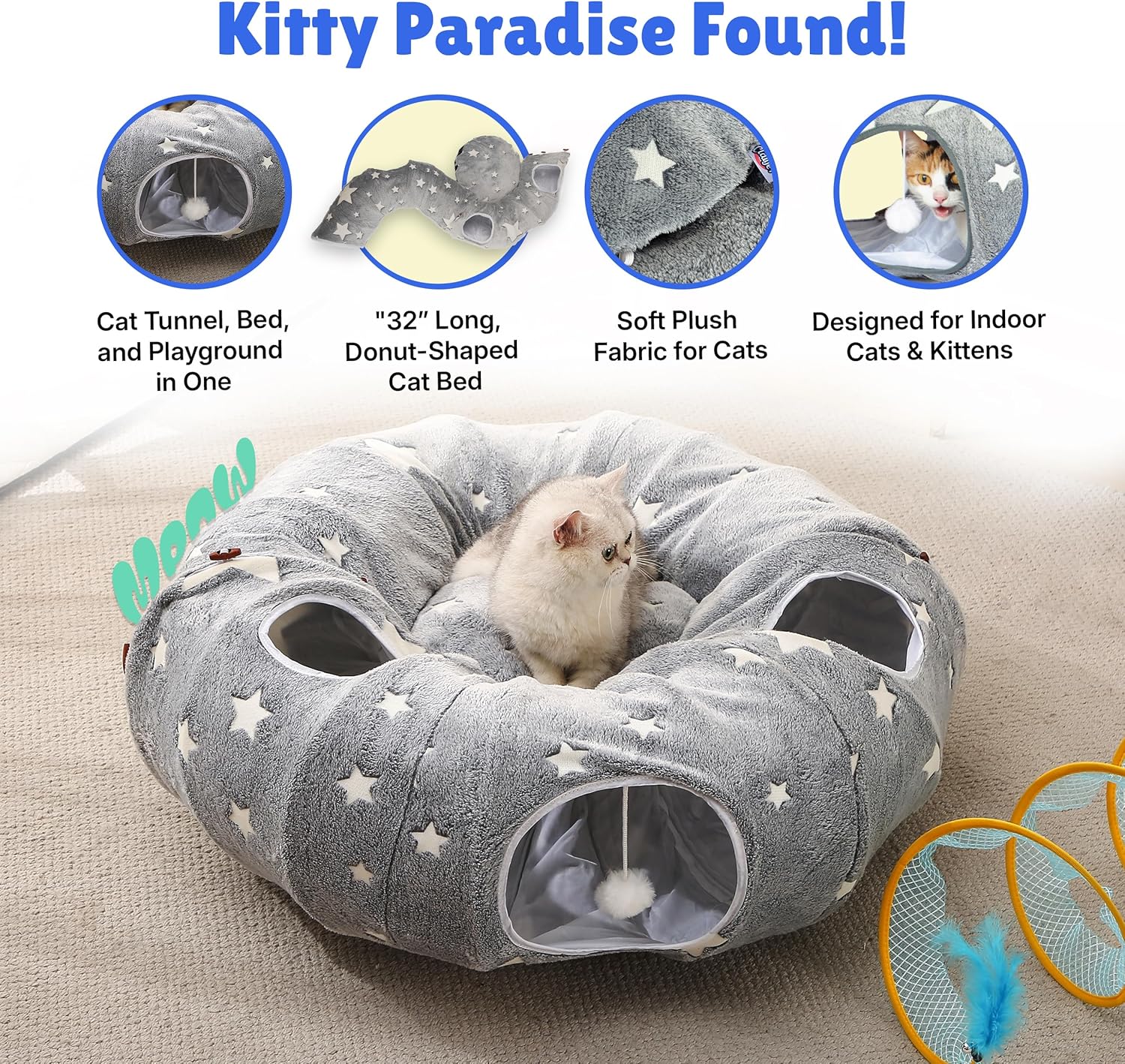 Cat Tunnel Bed for Indoor Cats, Plush Interactive Donut Tunnel with Peekaboo Holes, Shape-Shifting Design, Washable Cushion, Spiral Toy, Storage Bag, External Gaps, for Small to Medium Pets