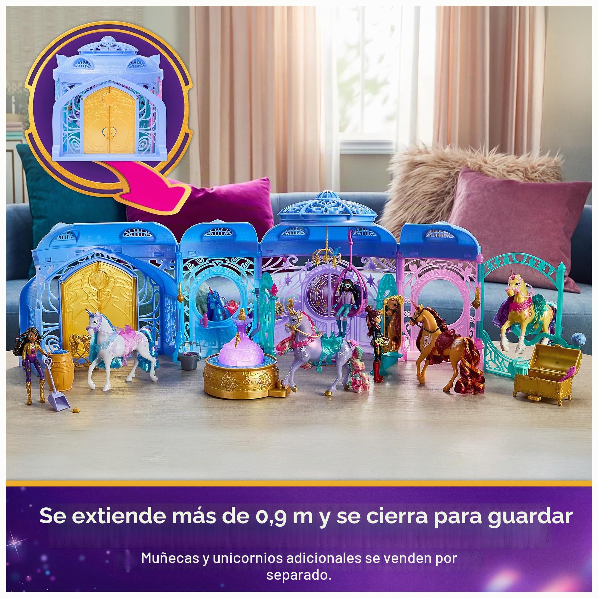 Unicorn Academy - Set de Juego Estable de 90 cm, Incluye Fuente con Efectos de luz y Sonido, Unicornio de 12 cm y 24 Accesorios, Juego Original de la Popular Serie Netflix, para niños a Partir de 4