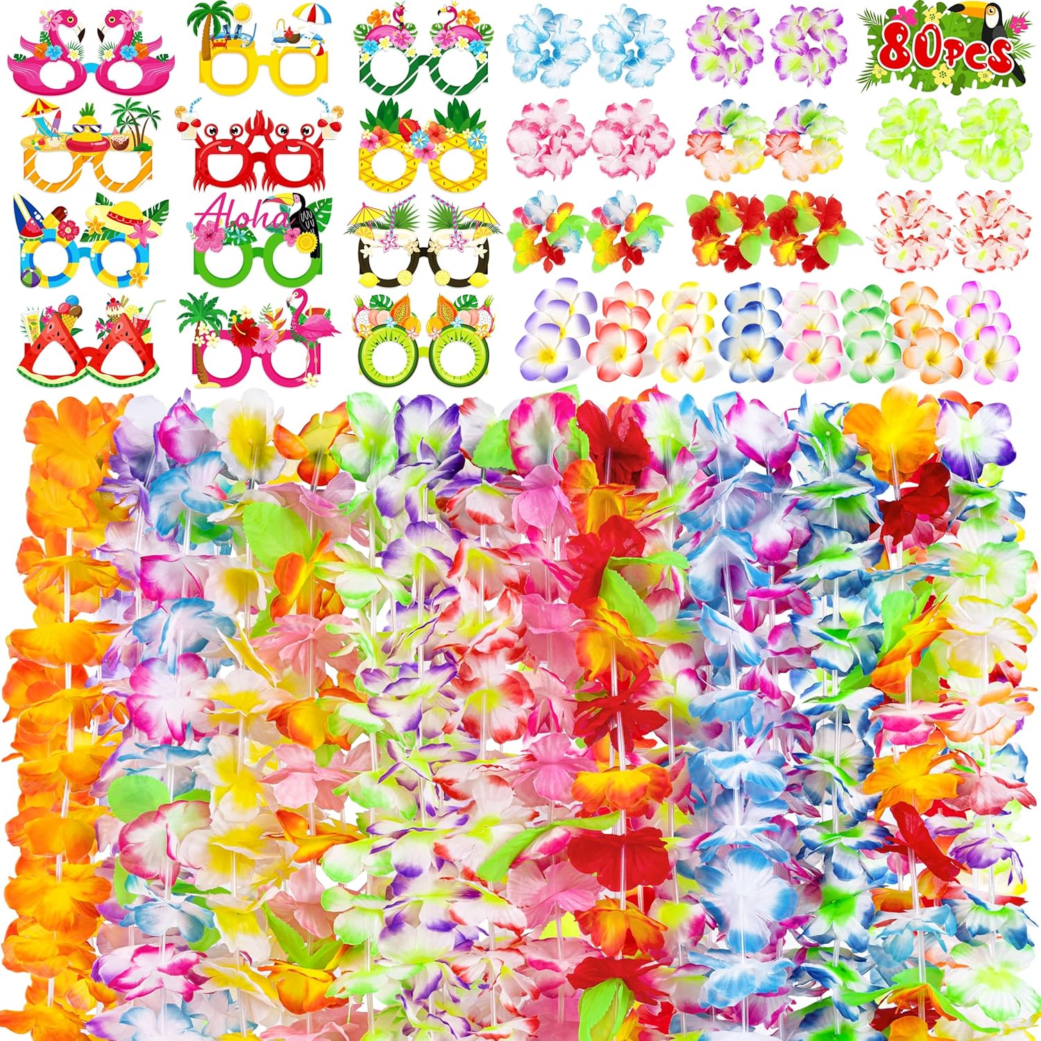 60PCS Hawaiian Luau Leis Party Decorations Birthday Supplies Set, Hawaii Tropical Flowers Necklaces Lei Bracelets Hair Clips Bulk Summer Beach Accessories Decor Favors