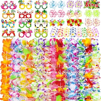 80PCS Hawaiian Luau Leis Party Photo Booth Props Decorations Supplies Set for Adults Tropical Tiki Flowers Necklaces + Paper Glasses + Bracelets + Hair Clips Bulk Summer Pool Birthday Decor Favors