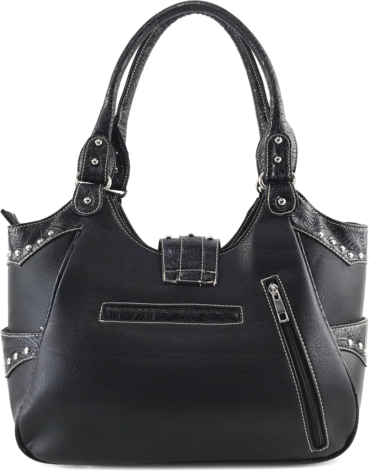 Justin West Tooled Floral Embroidery Buckle Studded Concealed Carry Tote Purse (Black Purse Wallet Set) - Image 4