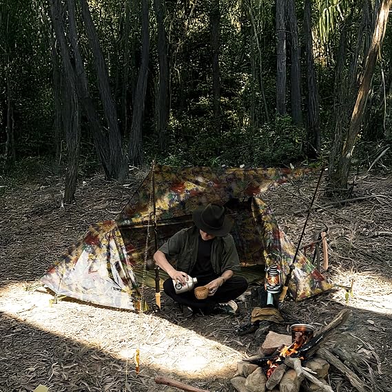 Night Cat Hammock Tent for 1 Person: Triangle Flat Bottom Hammock with Mosquito Net and Outdoor Camping Waterproof Tarp for Backpacking in Jungle Camouflage