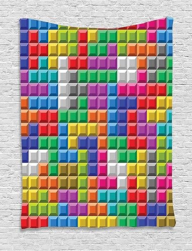 Ambesonne Tapiz de videojuegos, colorido retro para computadora de juegos, bloques de ladrillos, juego de imagen digital de los años 90, colgante de