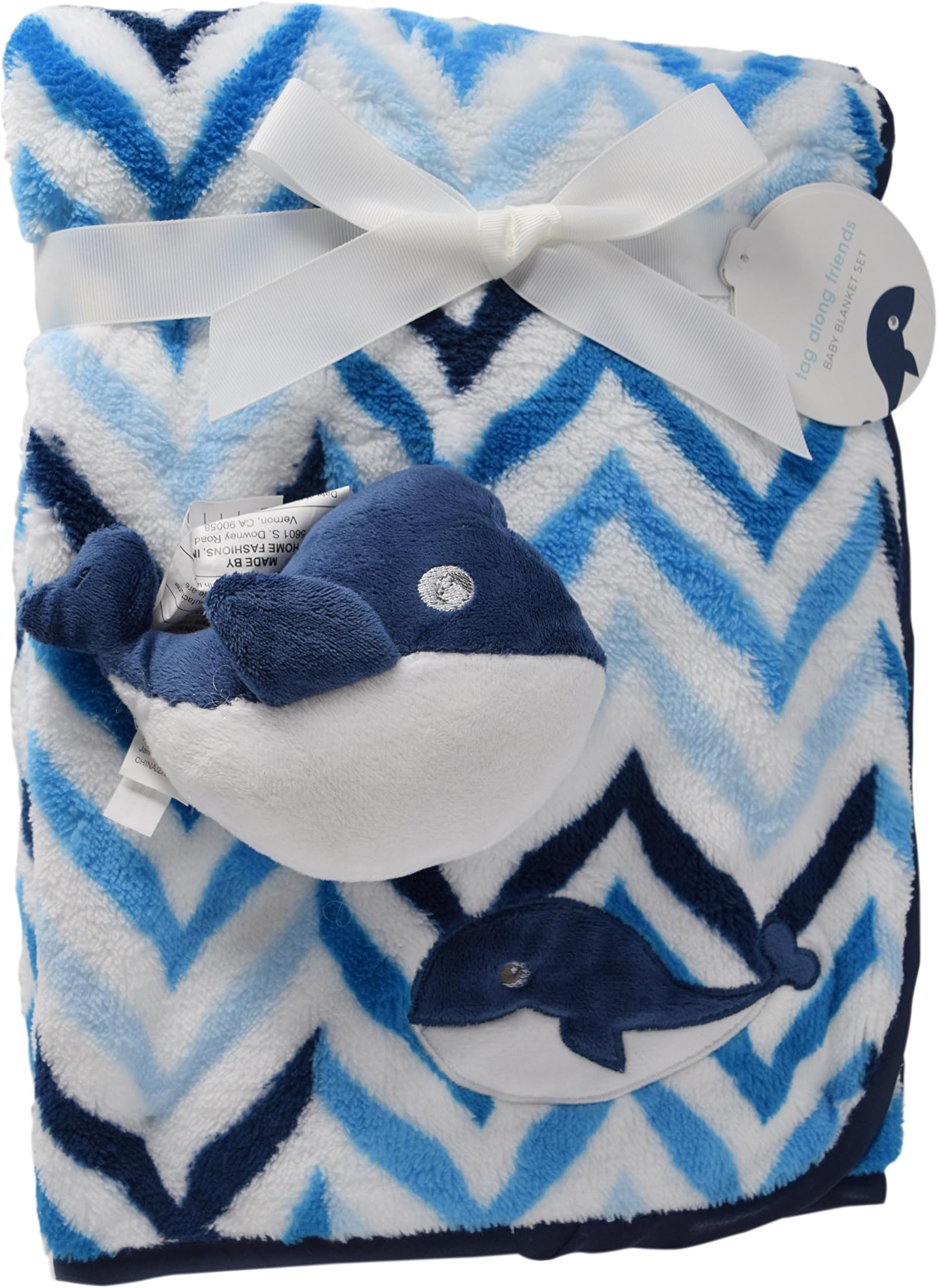 Chevron Printed Minky Cozy Baby Blanket with Satin Binding and Stuffed Animal Gift for Boys and Girls, Unisex, Stroller Blanket and Baby Shower Gift Tag Included (Blue Whale)