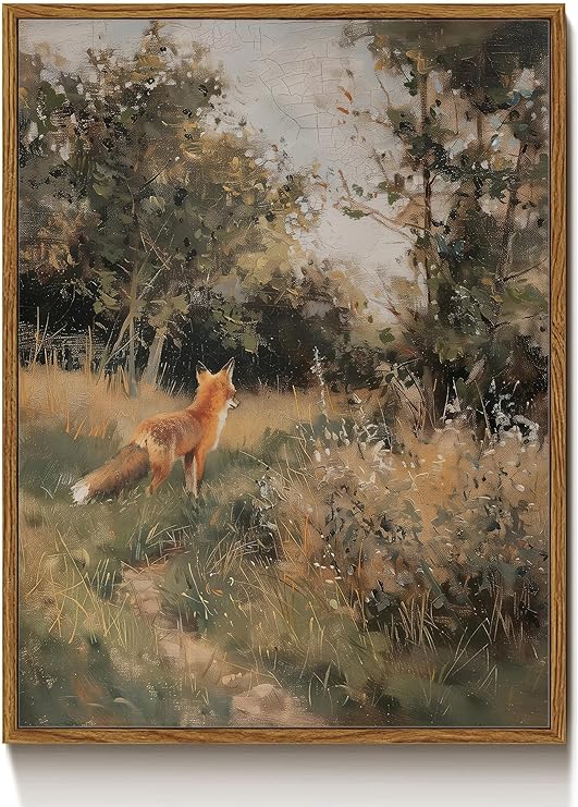 Vintage Fox Painting Canvas Wall Art Forest Animal Oil Painting Picture Wall Decor Cottage Core Little Fox Nature Painting Poster Print Artwork for Living Room Bedroom Office Home Decoration