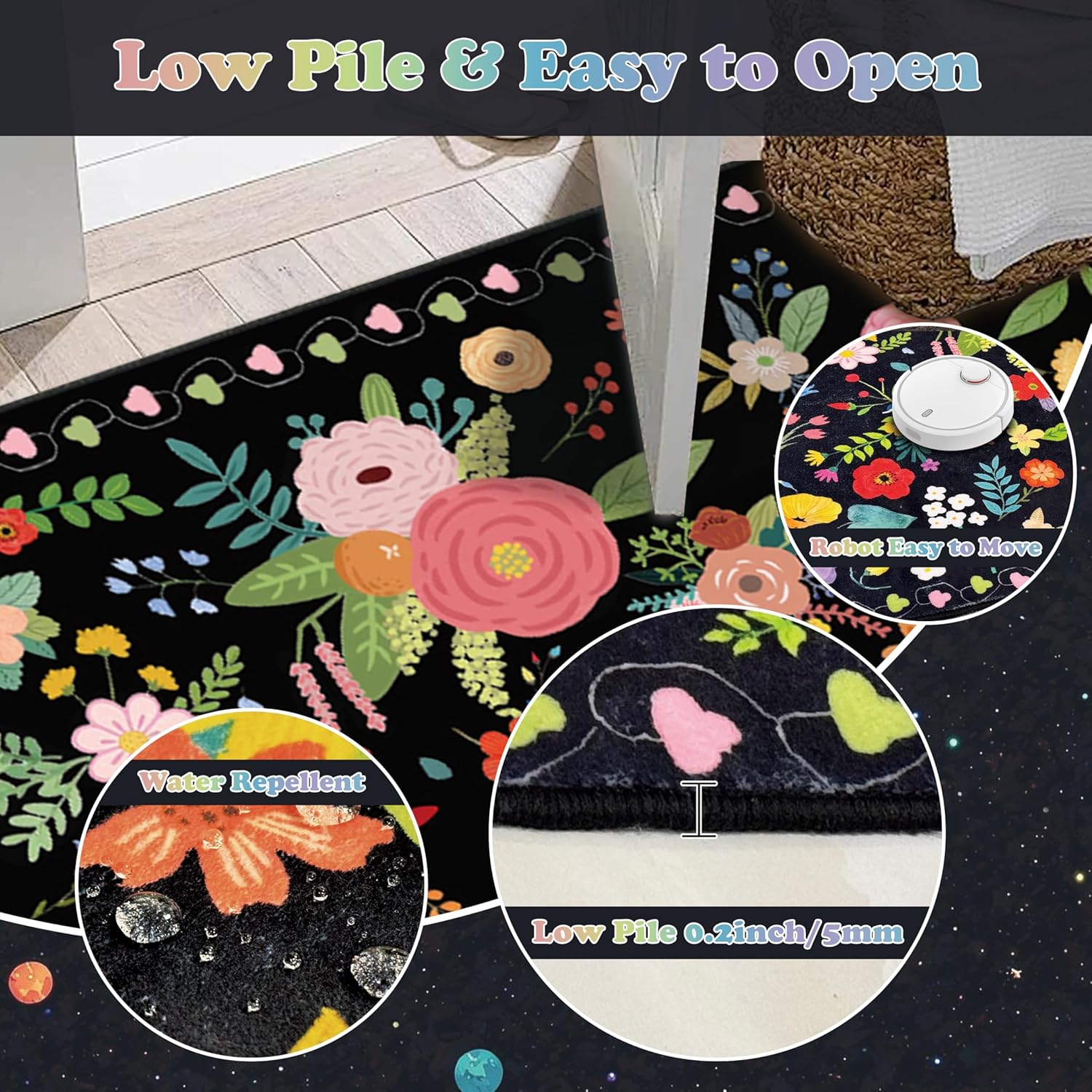 Black Floral 2x3 Rugs for Entryway, Indoor Washable Door Mat Soft Print Boho Carpet Non Slip Flower Small Rug for Kitchen, Entrance, Entry, Kids Room