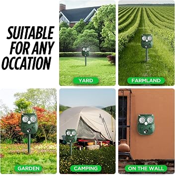 Solar Animal Repellent Outdoor, Ultrasonic Deer Repeller, Raccoon, Squirrel Deterrent Device, Waterproof Motion Detection, Rodent Against Rabbit, Skunk for Garden, Lawn, Farm Use