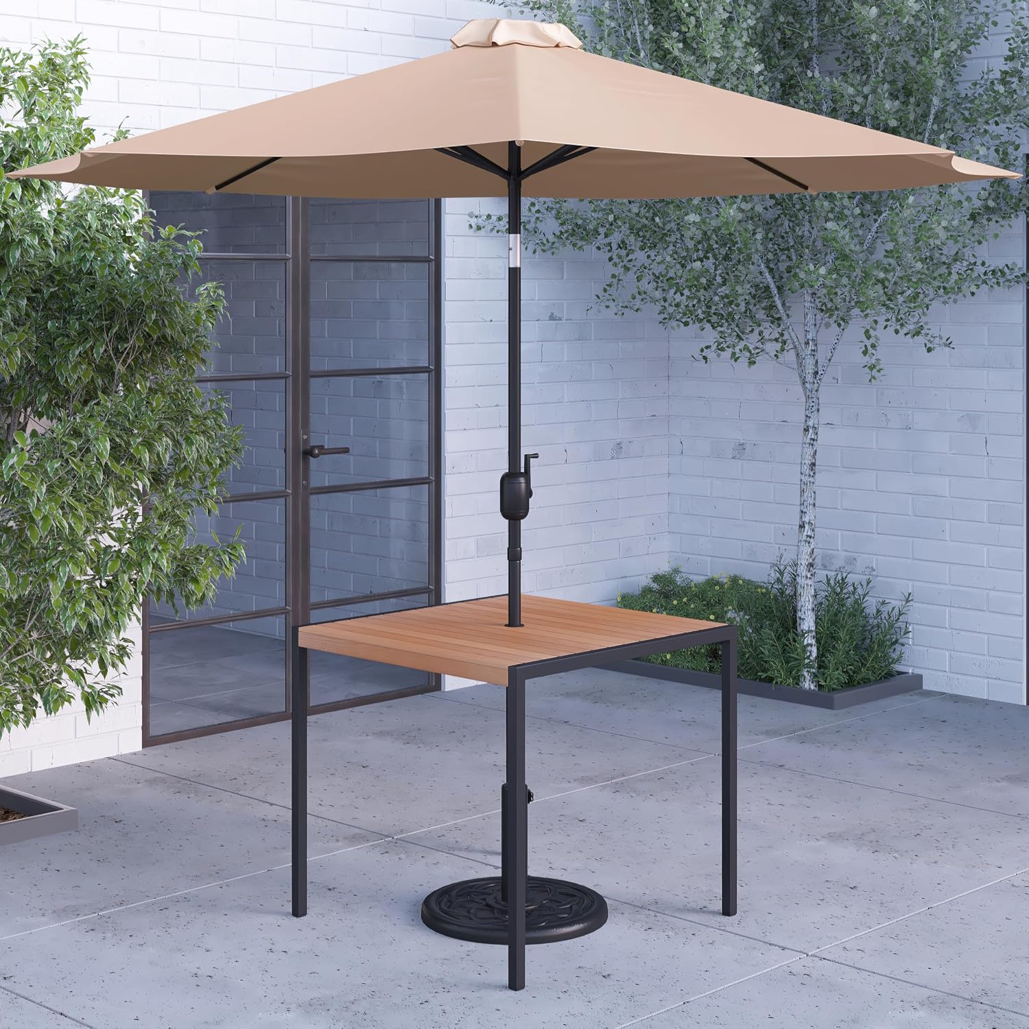Merrick Lane Outdoor Dining Table and Umbrella Set - Faux Teak Poly Slat Top - Powder Coated Steel Frame - 35.25" x 35.25" Square Top - 9' Tan Umbrella and Base