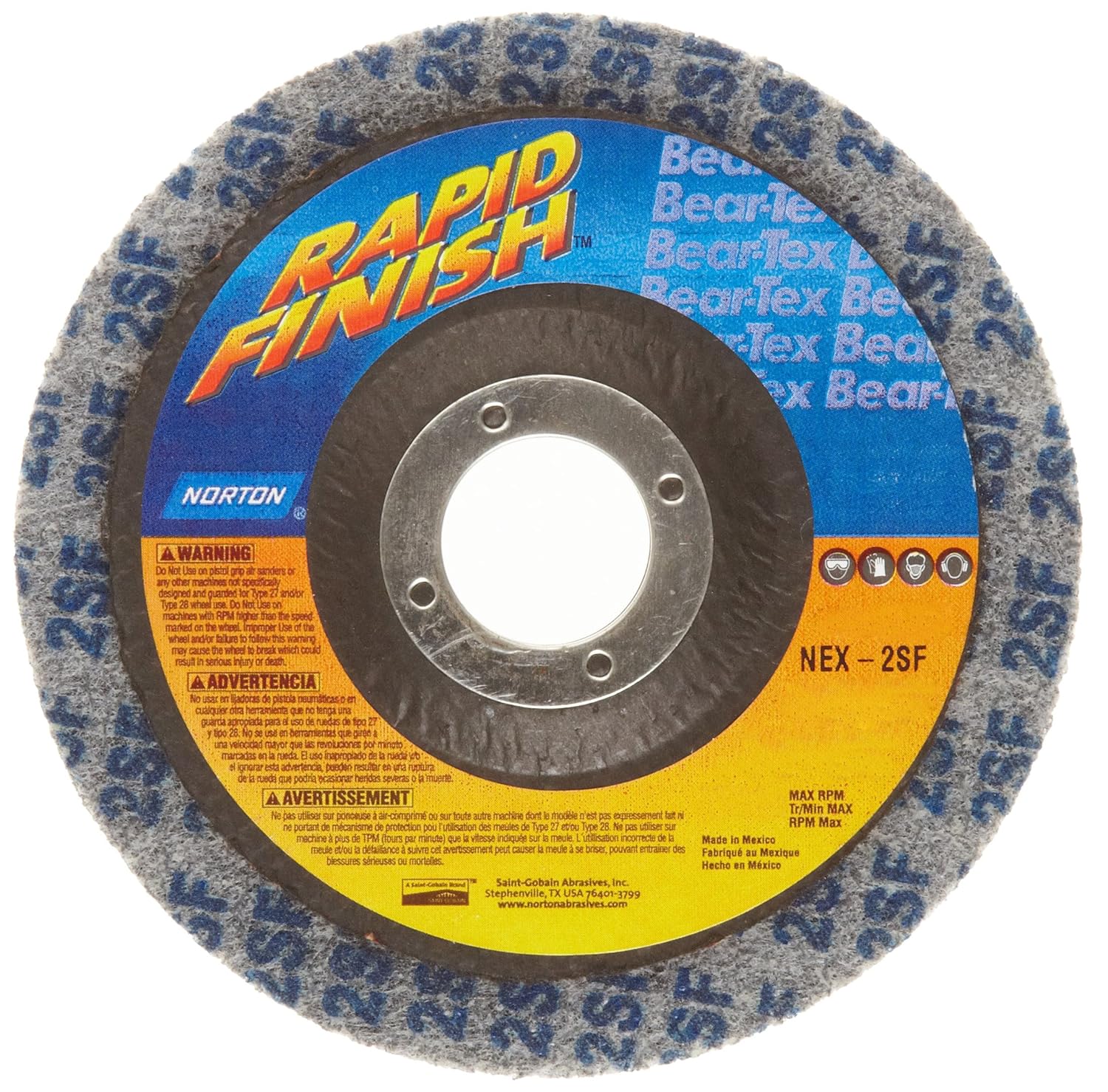 Norton Bear-Tex Rapid Finish Depressed Center Abrasive Polishing Wheel, Type 27, Fiber Backing, 7/8" Arbor, Silicon Carbide, 4-1/2" Diameter, Grit Extra Coarse (Pack of 10)