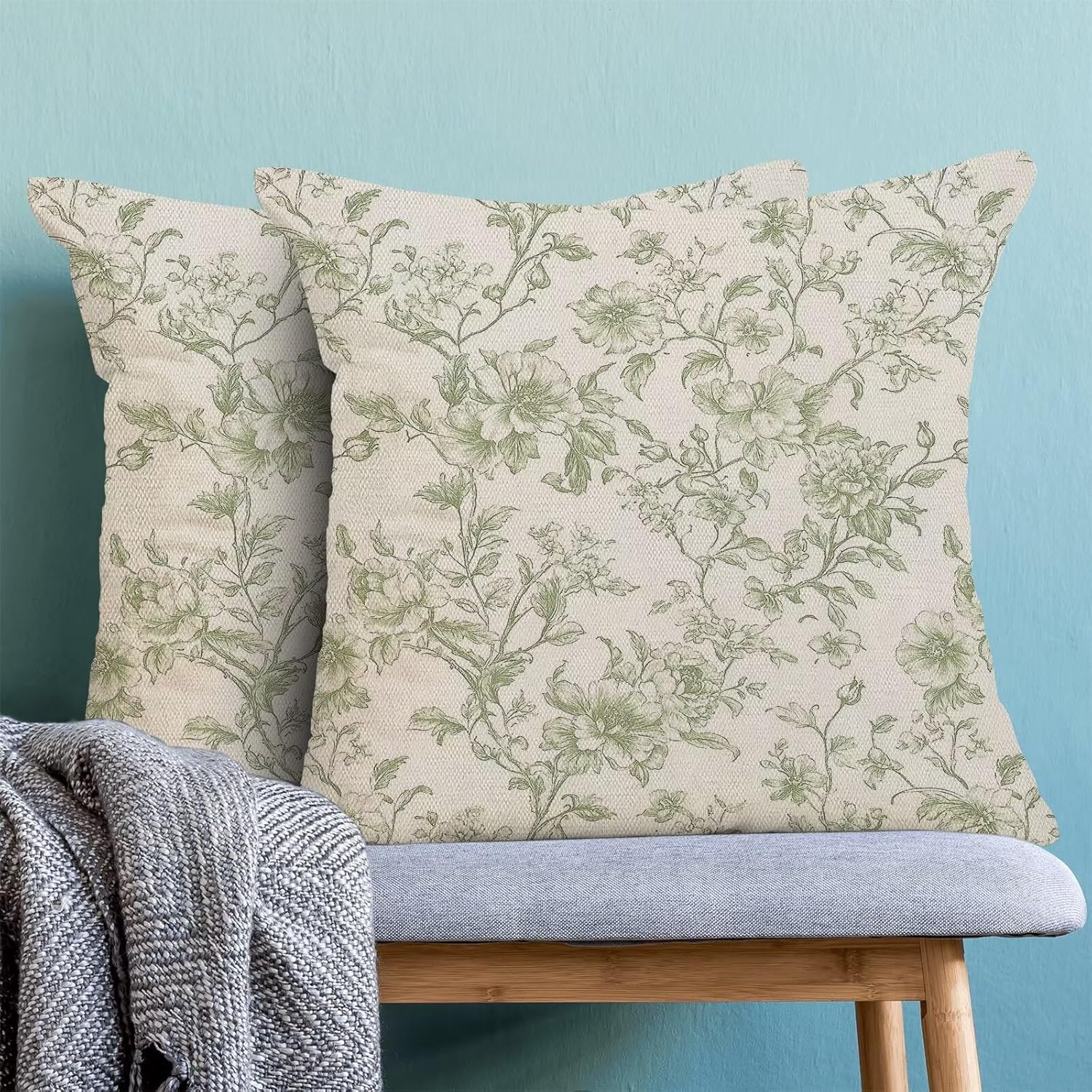 Chinoiserie Sage Green Floral Pillow Covers 18x18 Inch Set of 2, Neutral Seasonal Print Outdoor Decorative Spring Flower Throw Pillows Rustic Flower Couch Cushion Case for Chair Sofa Bedroom - Image 2