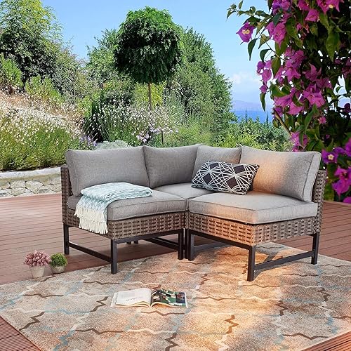Miniatura 5 de LOKATSE HOME Outdoor Wicker Corner Sofa Patio Rattan Furniture Metal Frame Left Armrest Chair with Cushion, Grey