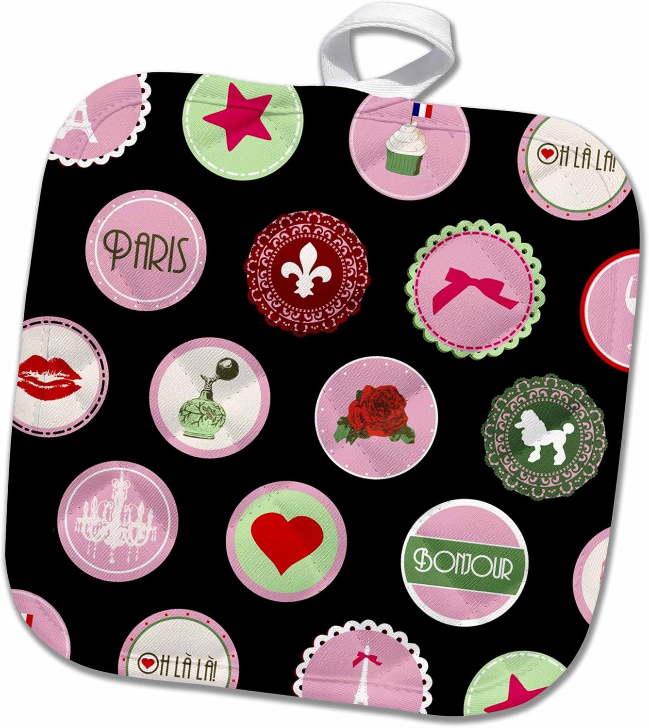 3D Rose Stylish I Love Paris Pattern in Pink Red Green and Black Vintage France Elegant Girly French Circles Pot Holder, 8 x 8, Multiple Color