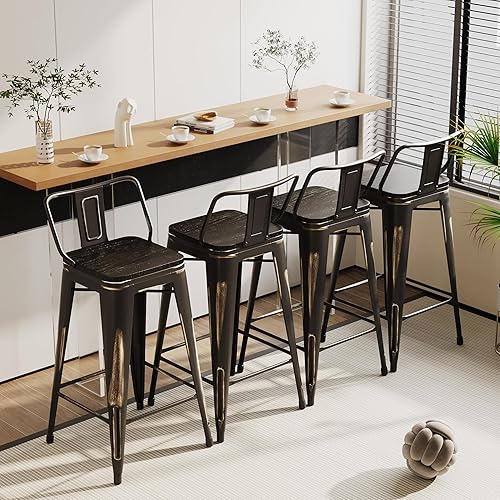 Miniatura 23 de Alunaune Juego de 4 taburetes de bar de metal de 26 pulgadas, taburetes de bar de altura de mostrador negro mate, sillas de barra industriales con