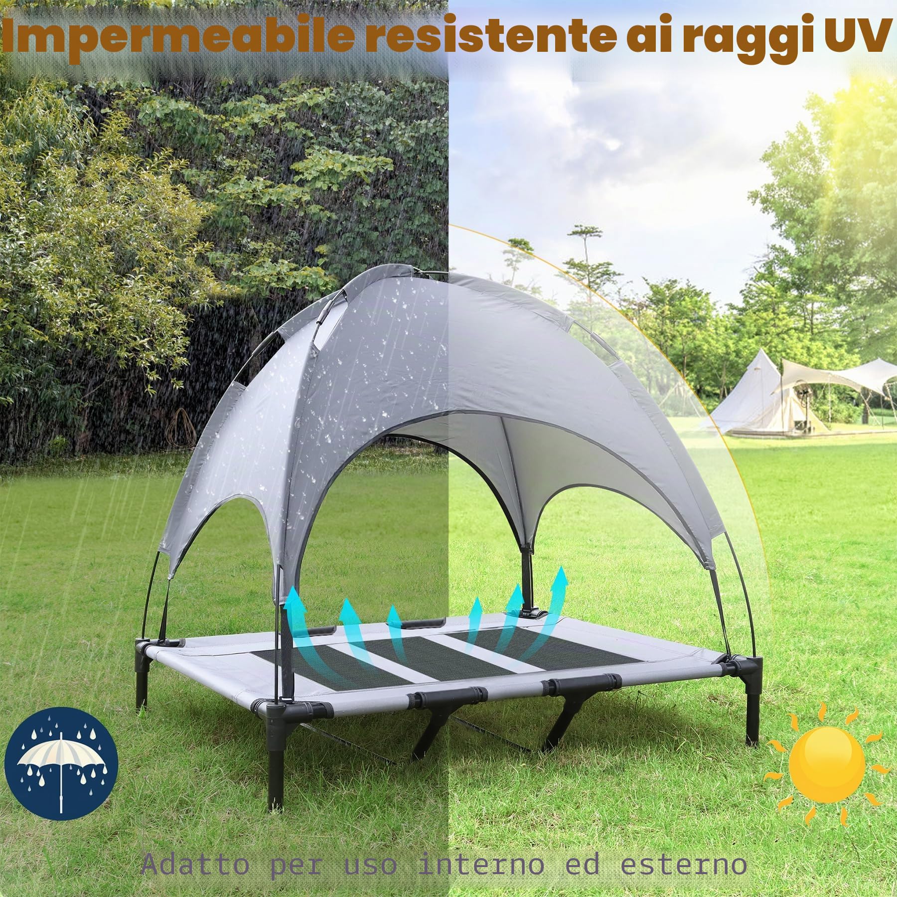 Froadp Lettino per cani per esterni, letto per animali domestici rialzato, con baldacchino, letto per cani e gatti, fino a 60 kg (XL – 122 x 92 x 102 cm)