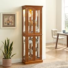 Curio Cabinet with Lights, 6-Tier Display Cabinet with Adjustable Glass Shelves & Mirrored Back, Tempered Glass Doors for Dining Room, Living Room Oak